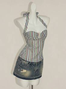 SHEIN ICON Striped Backless Halter Neck Top, Summer - Multicolor - View 7