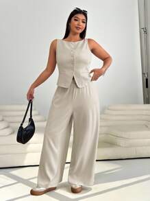 Solflare 2pcs Apricot Colored Plus Size Vest Top And Pants Suit,Summer Clothes,Mother Day Outfit,Old Money,Office Outfits For Women - Khaki - View 4