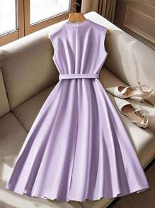 Franclia Váy midi xếp ly chữ A thắt nút ngọc trai phía trước và giữa thanh lịch giản dị, màu mơ mới cho mùa hè - Màu tím - Xem 2