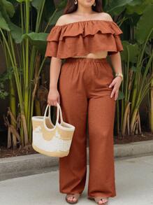 Set de 2 piezas de top con hombros descubiertos y pantalones de pierna ancha de talla grande para mujer - Óxido marrón - Ver 1
