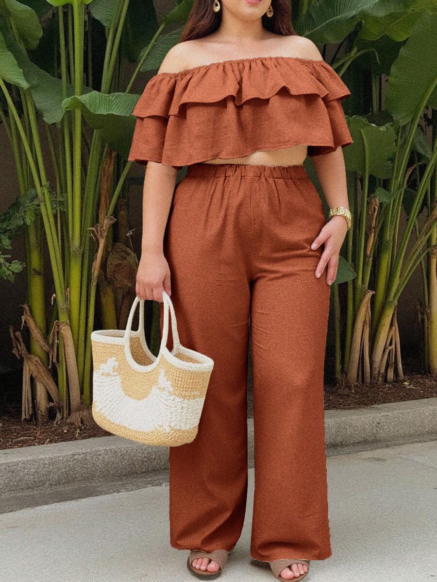 Set de 2 piezas de top con hombros descubiertos y pantalones de pierna ancha de talla grande para mujer - Óxido marrón - Ver 1