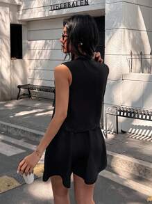 2pcs/Set Women Sleeveless Vest Top And Pocket Shorts Set - Black - View 2