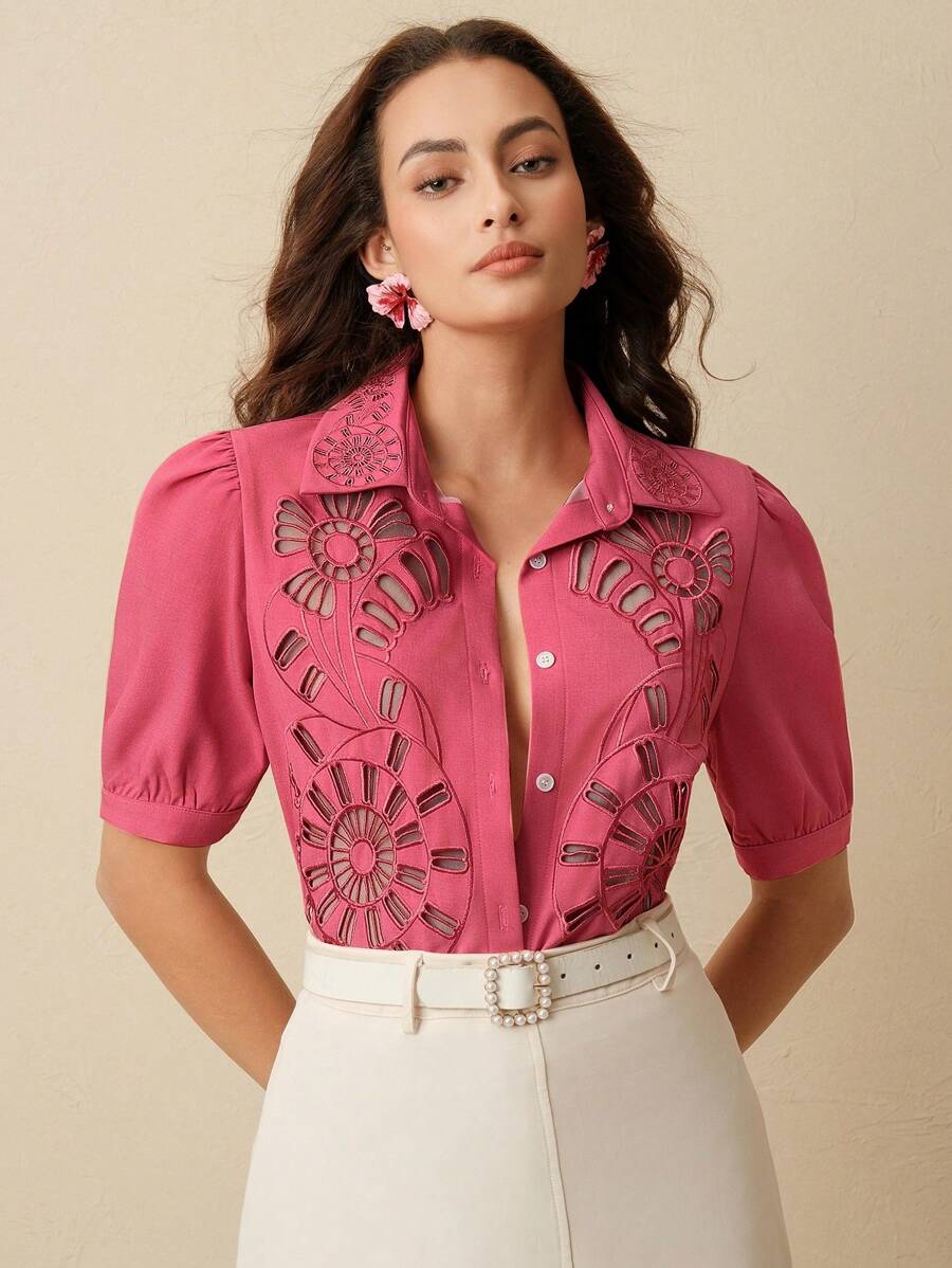 Anewsta 优雅蕾丝刺绣设计女式衬衫，西式上衣