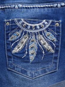 SHEIN MOD Women's Pocketed Embroidered Feather Pattern Denim Shorts - Dark Wash - View 3