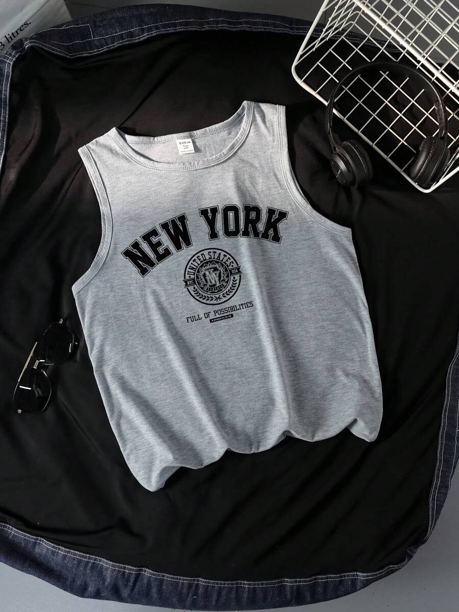 SHEIN Leap Crew Teen Boy Casual Minimalist Sleeveless Tank Top, Suitable For Summer - Light Grey - View 1