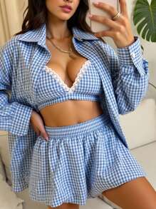 INAWLY 2 Stücke Damen Standard Größe Langarm Hemd und Shorts Set für Frühling/Sommer