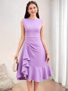 SHEIN Vestido largo de fiesta elegante de unicolor sin mangas con volantes y encaje para adolescentes, ideal para fiestas, citas y eventos familiares importantes