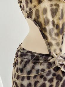 SHEIN WYWH 女士度假性感豹纹抹胸海滩金属贝壳装饰侧高腰镂空连衣裙，适合派对、约会、下午茶、波西米亚风格 - 棕色 - 查看 6