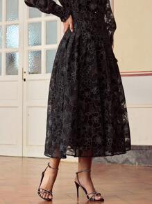 ZEYLAH 女士优雅透明黑色花卉镂空半身裙，夏季 - 黑色 - 查看 5