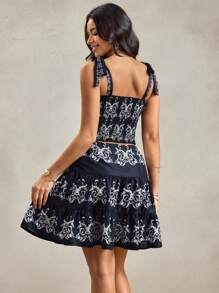 SHEIN LUNE 2pcs Women's American Western Rural Bohemian Print Set,Summer Boho Vacation Holiday Black And White Outfits 2 Pieces Sets Navy Blue Skirt Dress - Black and White - View 4