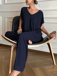 DAZY Bộ đồ ngủ 2 món tay ngắn và quần dài dáng rộng màu trơn, đồ mặc nhà thường ngày cho nữ, trang phục - Màu xanh hải quân - Xem 5