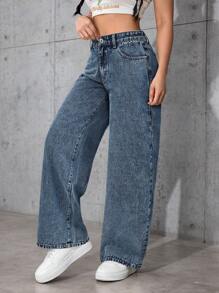 SHEIN PETITE 女士宽松口袋装饰阔腿休闲百搭牛仔裤 - 藍色 - 查看 5