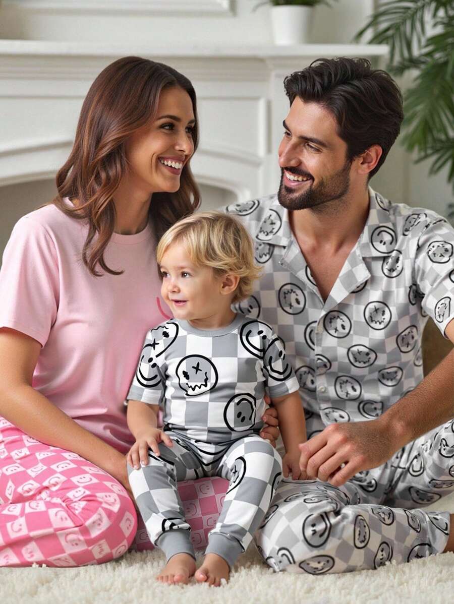 Men's Gray Minimalist Gentlemen Plaid Print Short Sleeve Cardigan And Loose Pants 2-Piece Casual Pajama Set
