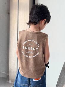 SHEIN Young Boy Letter Print Pattern Washed Loose Knit Casual Top - Brown - View 5