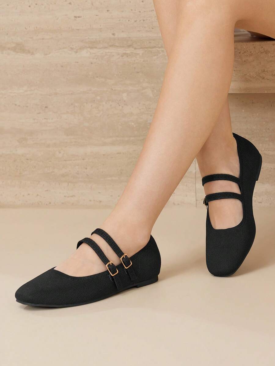 MOTF BLACK SQUARE TOE DOUBLE BUCKLE STRAPS PU LEATHER FLATS - Black - View 2