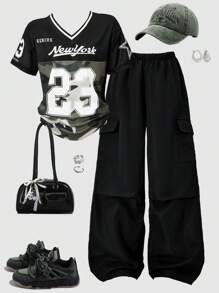 SHEIN ChillGRL 青少年女孩休闲条纹 V 领宽松 T 恤和直筒工装口袋裤两件套，适合春、夏、秋季的时尚