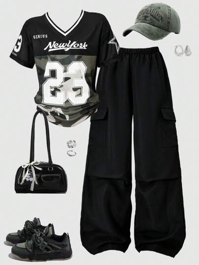 SHEIN ChillGRL 青少年女孩休闲条纹 V 领宽松 T 恤和直筒工装口袋裤两件套，适合春、夏、秋季的时尚