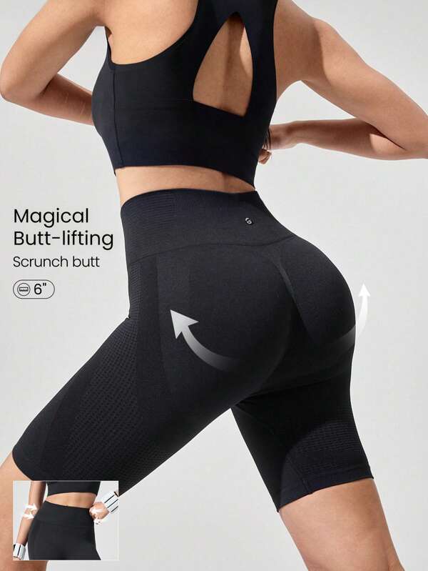 GLOWMODE 6" Seamless Stretchy Sweat-Wicking Tummy Control No-Front Seam Butt Scrunch High-Rise Waist Biker Shorts Medium Impact Running Training Gym Studio Daily Active Wear