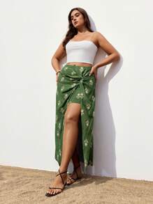 Maija Plus Size Women's Asymmetrical Print Green Twist Design High Waist Skirt, Comfortable Casual Versatile For Spring Summer, Festivals, Beach Women Summer Fall Women Autumn Back To School Homecoming Modest Vintage Women Old Money Teacher Skirt