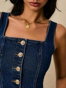 Poéselle 女式夏季休闲前扣无袖牛仔衬衫 - 深色水洗藍 - 查看 3