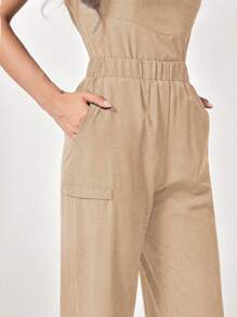 TaskEZ Solid Color Notched Neck Short Sleeve Top And Pocket Shorts Scrub Uniform Set - Khaki - View 7