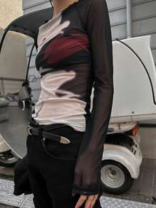 DAZY 女士拼色不对称印花透视网眼上衣外出上衣夏季长袖女上衣 - 彩色 - 查看 4