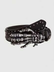 ROMWE Goth Punk Rivets Skull Belt, Street Fashion Unique Style, Unisex Waistband - Black - View 2