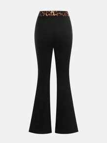 SHEIN Girlism Pantaloni a zampa di ragazza adolescente a vita bassa, in stile casual da strada, con stampa nera solida, con inserti in stampa leopardata, adatti per l'estate, moda da strada, sport, ritorno a scuola, abiti casual