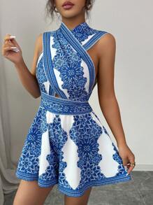 Elenzga Women's All-Over Print Halter Backless Criss-Cross Romper - Multicolor - View 3