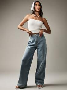 MISSGUIDED 高级时尚阔腿灯芯绒牛仔裤复古90年代风格休闲裤秋冬度假装纹理裤 - 藍白色 - 查看 5