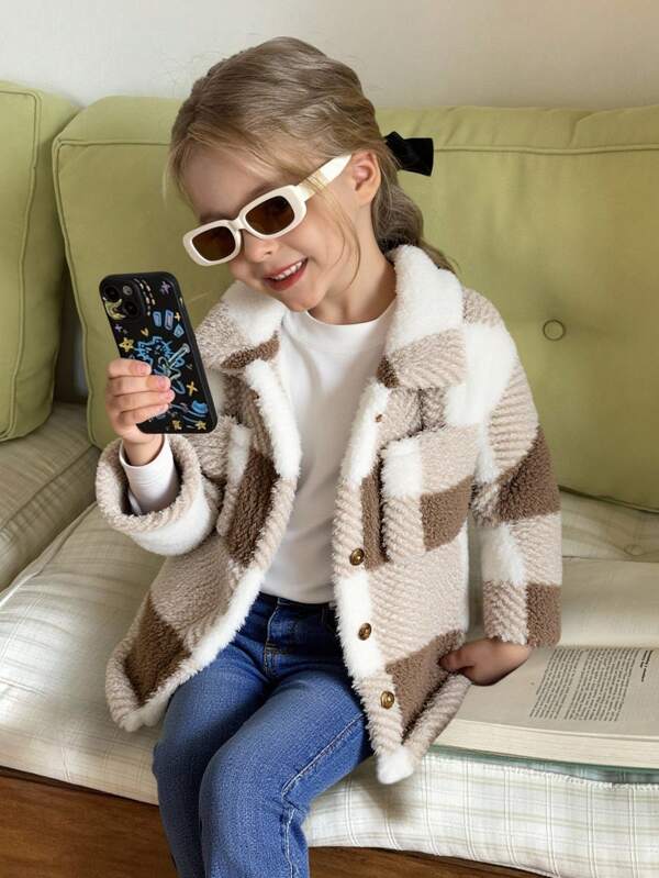 SHEIN Young Girl Casual Loose Fit Turn-Down Collar Plaid Fleece Long Sleeve Coat