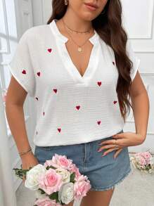 Breezaya Plus Size Boho V-Neck Heart Embroidered Shirt, For Summer Work And Daily Wear