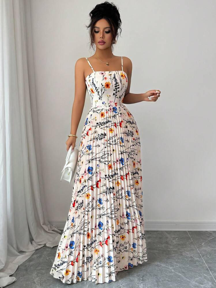 Elenzga Summer Elegant Floral Print Pleated Tie-Up Backless Dress - Multicolor - View 4