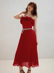 MOTF PREMIUM 纯色层叠荷叶边褶饰下摆筒形连衣裙 - 紅色 - 查看 7