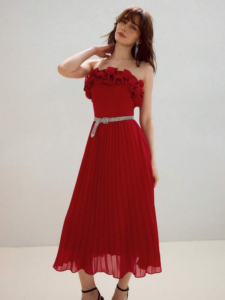 SOLID LAYERED RUFFLE TRIM PLEATED HEM TUBE DRESS