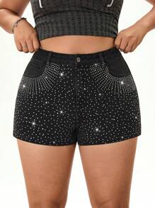 Rina Fox Quần short denim bó sát đính đá thời trang thiết kế túi cỡ lớn cho nữ - màu đen - Xem 5