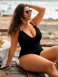 Swim Mod Đồ bơi liền thân cỡ lớn cho nữ, kiểm soát bụng, co giãn cao, màu trơn, vải đặc biệt Dopamine, phong cách ngọt ngào cho bãi biển/hồ bơi/spa - màu đen - Xem 4