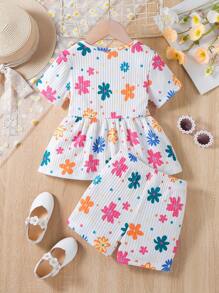 SHEIN 年輕女孩花卉印花菱格紋圓領短袖上衣和短褲夏季套裝 - 白色 - 查看 2