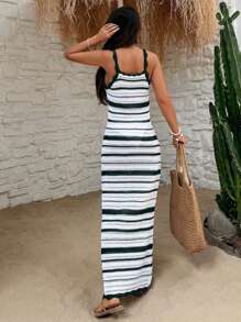 RueChic Women Cover-Up Striped Crochet Knit With Halter Neck Long Dress - Army Green - View 2