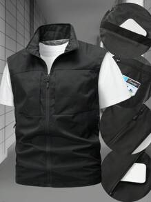 Manfinity Homme 男士休闲多拉链无袖背心夹克，春夏秋季 - 黑色 - 查看 2