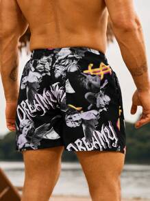 Surfspeed Men's Casual Full Print Drawstring Beach Shorts - Black - View 6