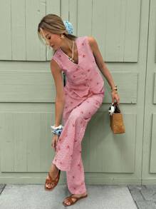 SHEIN Frenchy Women 2pcs Set Sleeveless Striped Bowknot Button Front Shirt And Pants, Casual Summer Outfit Christmas New Year Red Red - Red - View 6