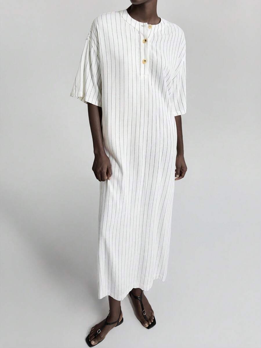 Ontre 2025 New Commuting OL, Women's Casual Loose All-Match Versatile Striped Long Dress - White - View 1