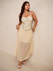 Elaquor 大码女式花卉亮片褶饰网眼下摆吊带裙 - 杏色 - 查看 2
