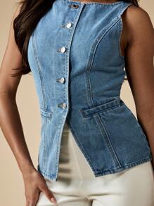 MISSGUIDED Fitted Denim Waistcoat Button Front Raw Edge Sleeveless Jean Vest Asymmetrical Cut Autumn Winter Transitional Layering Top
