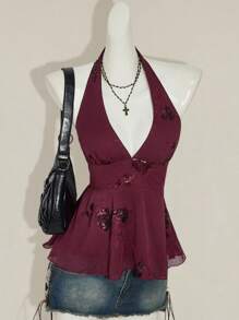 SHEIN ICON 女士时尚休闲露背串珠挂脖背心 - 酒紅色 - 查看 3