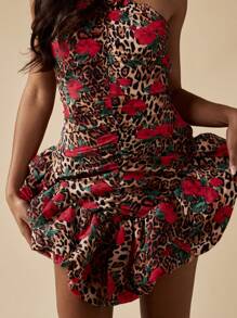 MISSGUIDED Vestido mini con estampado de leopardo y rosa, cuello halter, volantes en el bajo, para fiestas, clubes, baile, verano, primavera, festivales, fluido y fruncido - Multicolor - Ver 4