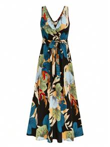 SHEIN LUNE Plus Size Casual Resort V-Neck Sleeveless Belted A-Line Dress For Women - Black - View 1