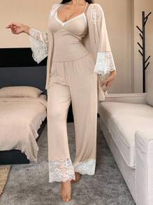 DAZY 3pcs/Set Women Contrast Color Lace Patchwork Robe, Camisole Top & Pants Sleepwear Pajama Set, Fall Winter Clothes Pajama - Apricot - View 5