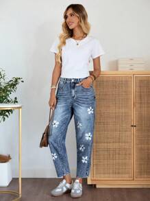 EMERY ROSE Quần Jeans Nữ Dáng Rộng, Ống Thẳng, Thêu Hoa, Phong Cách Mùa Thu, Thường Ngày, Đồng Quê, Buổi Hòa Nhạc, Đồng Quê, Đồng Quê, Quần Jeans Nữ - Rửa nhẹ - Xem 4